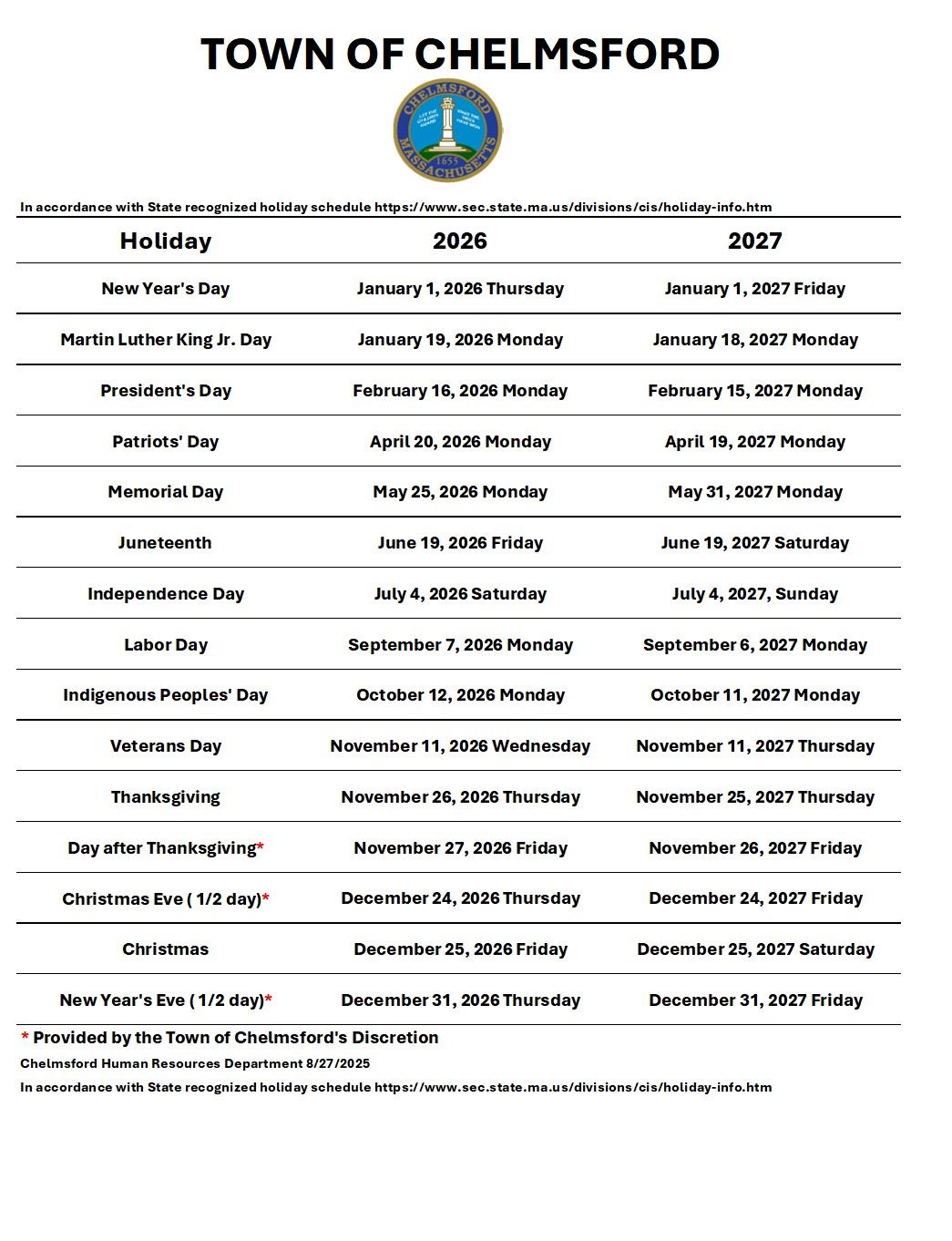 Holiday Schedule 2026-2027